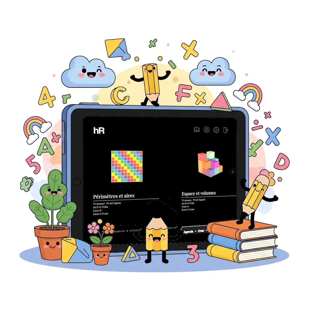 Illustration de la plateforme numérique hilbRt avec des personnages et des livres
