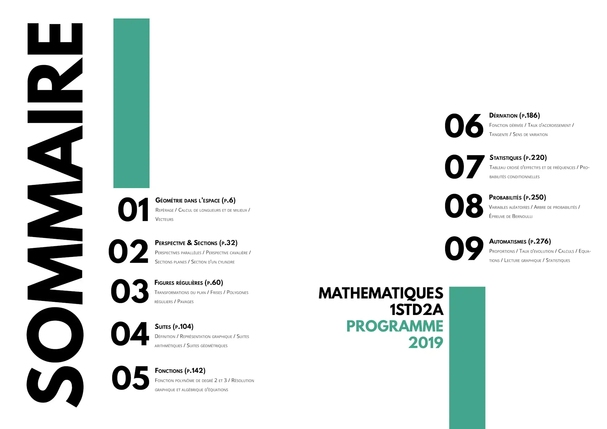 Aperçu du sommaire du manuel de Maths 1ère STD2A