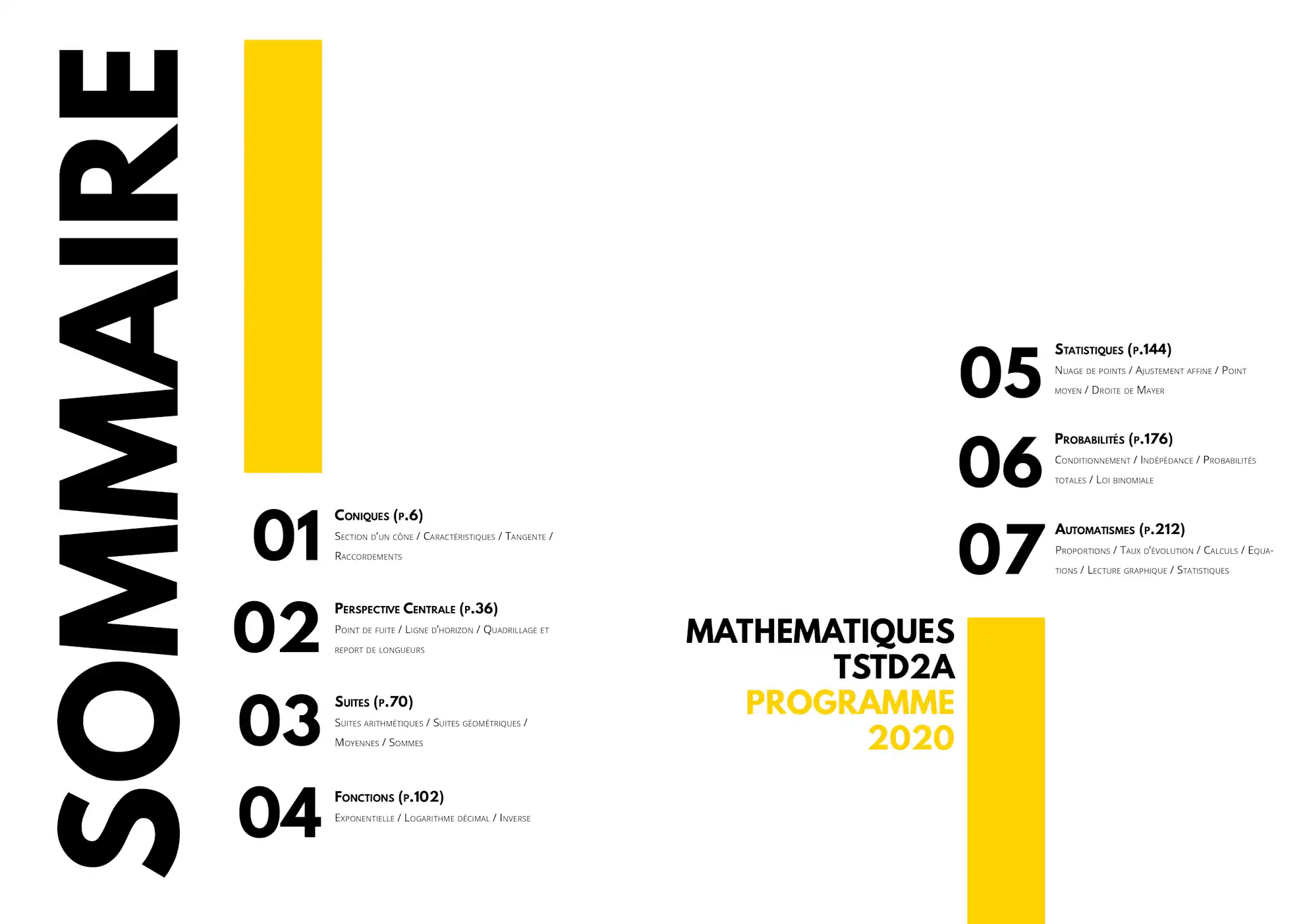 Aperçu du sommaire du manuel de Maths Terminale STD2A