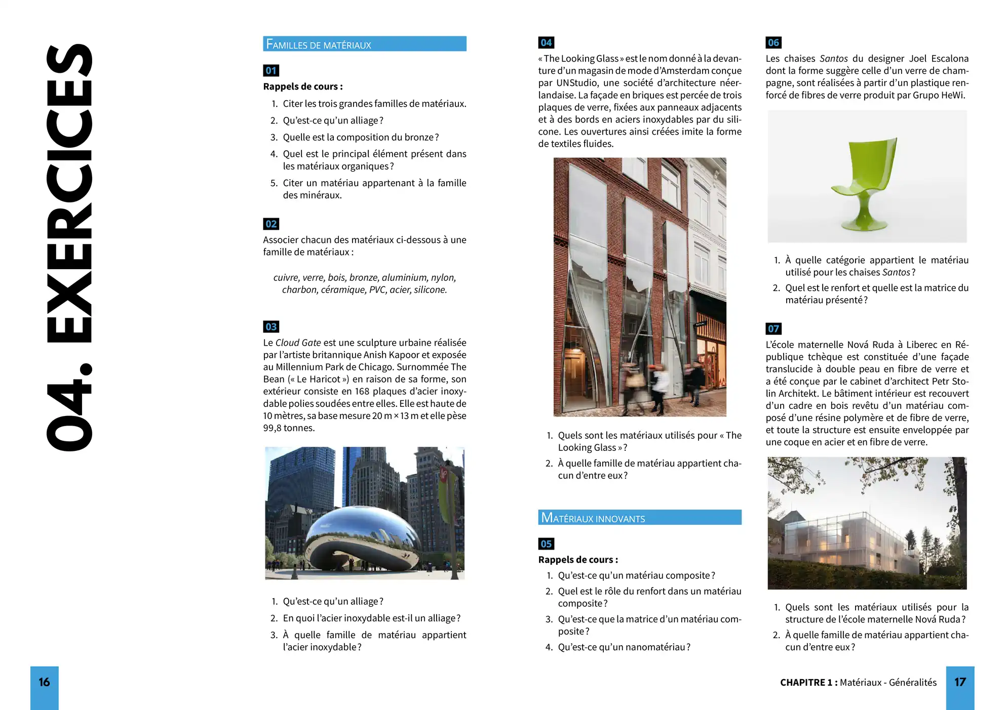 Page sur les matériaux et le design du manuel de Physique-Chimie 1ère STD2A
